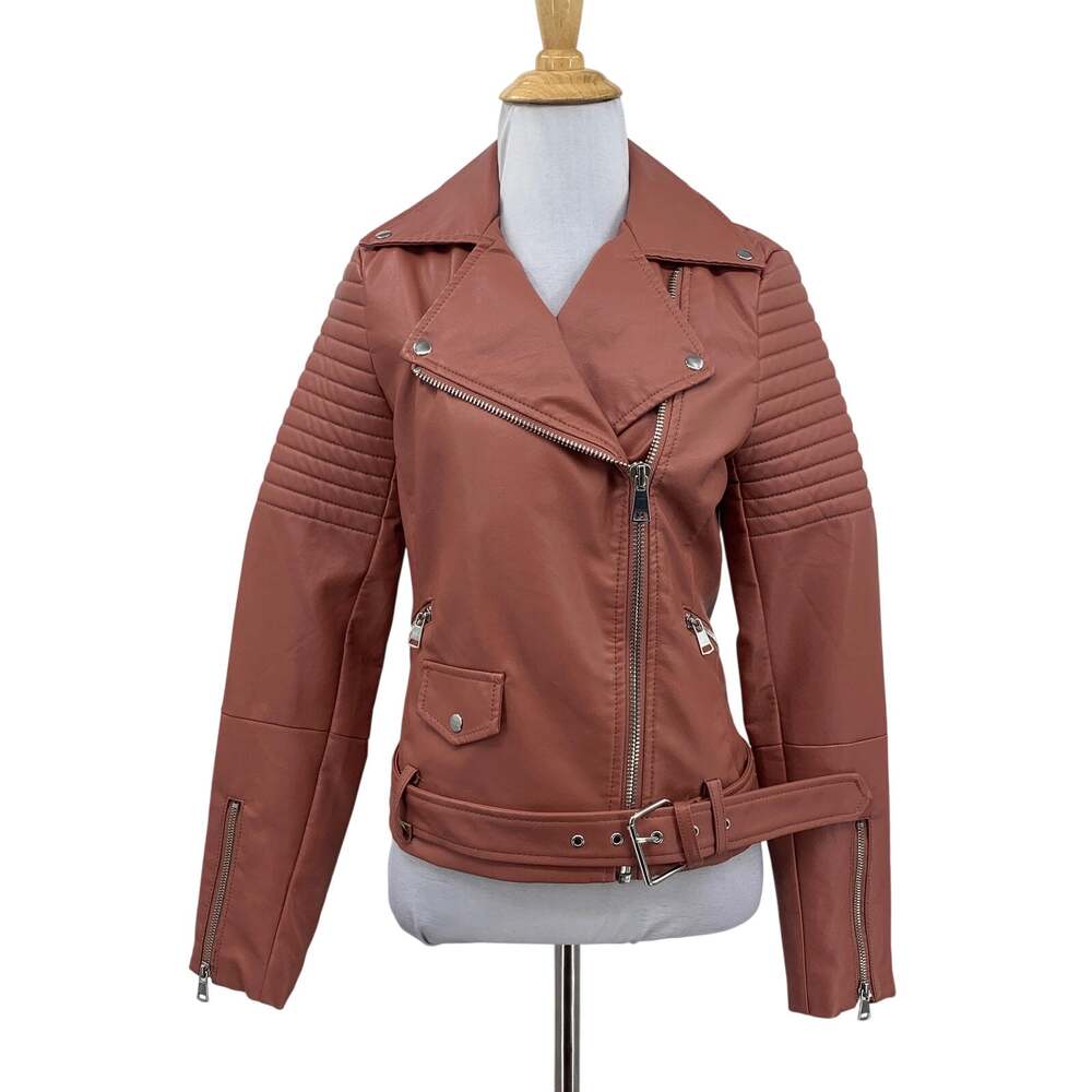 Love Tree Jacket Womens S Small Mauve Faux Leather Crop Moto Lapel Collar Belted